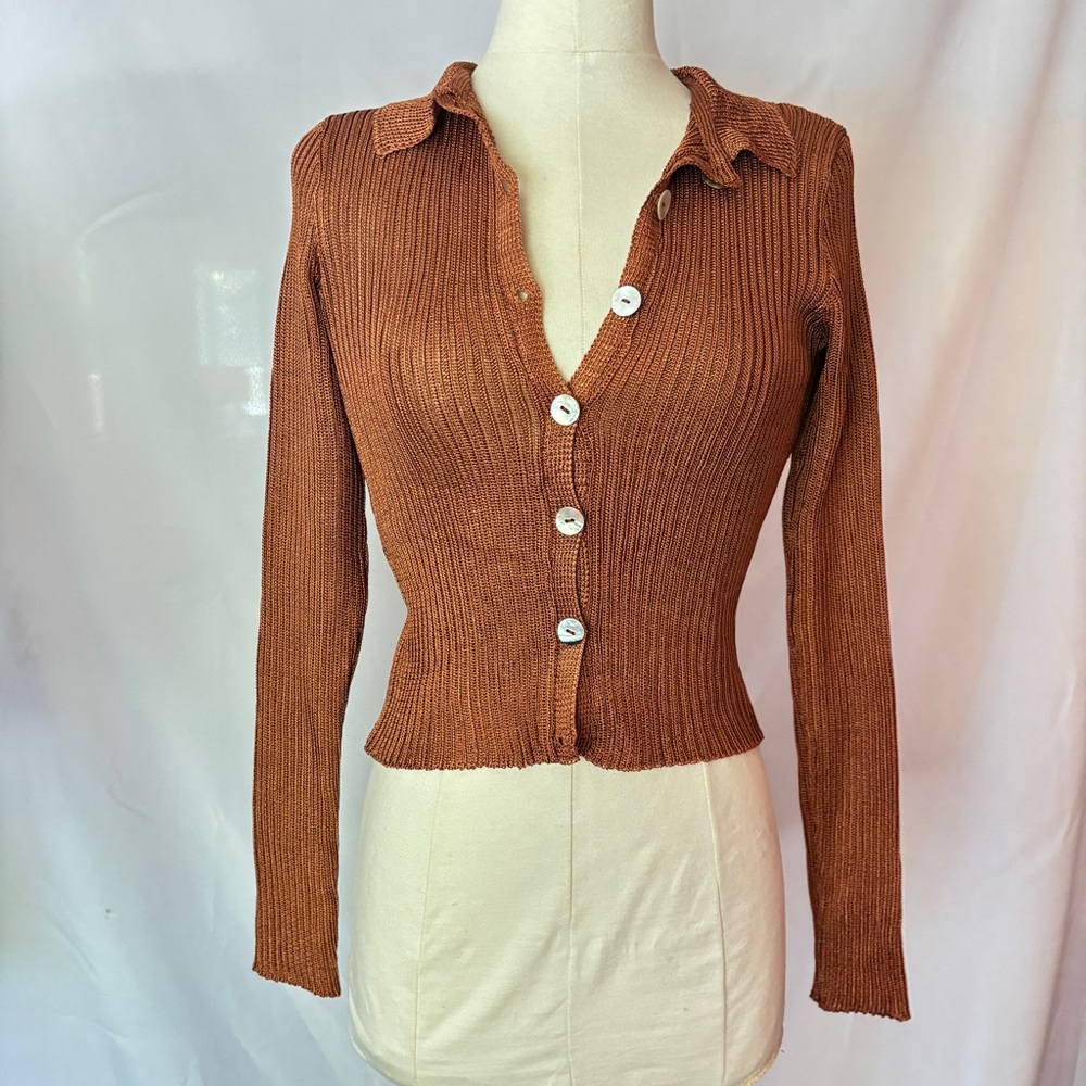 Brown Fitted Ribbed Long Sleeve Button Down Shirt